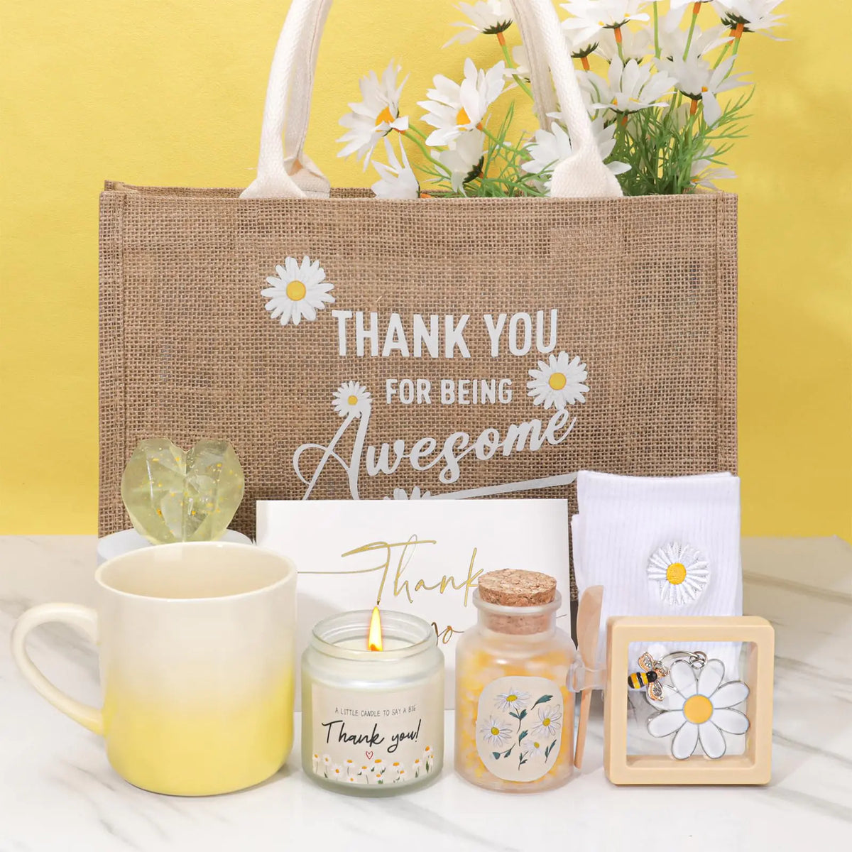 Thank you gift set with tote bag, thank-you card, and floral shadow-box frame