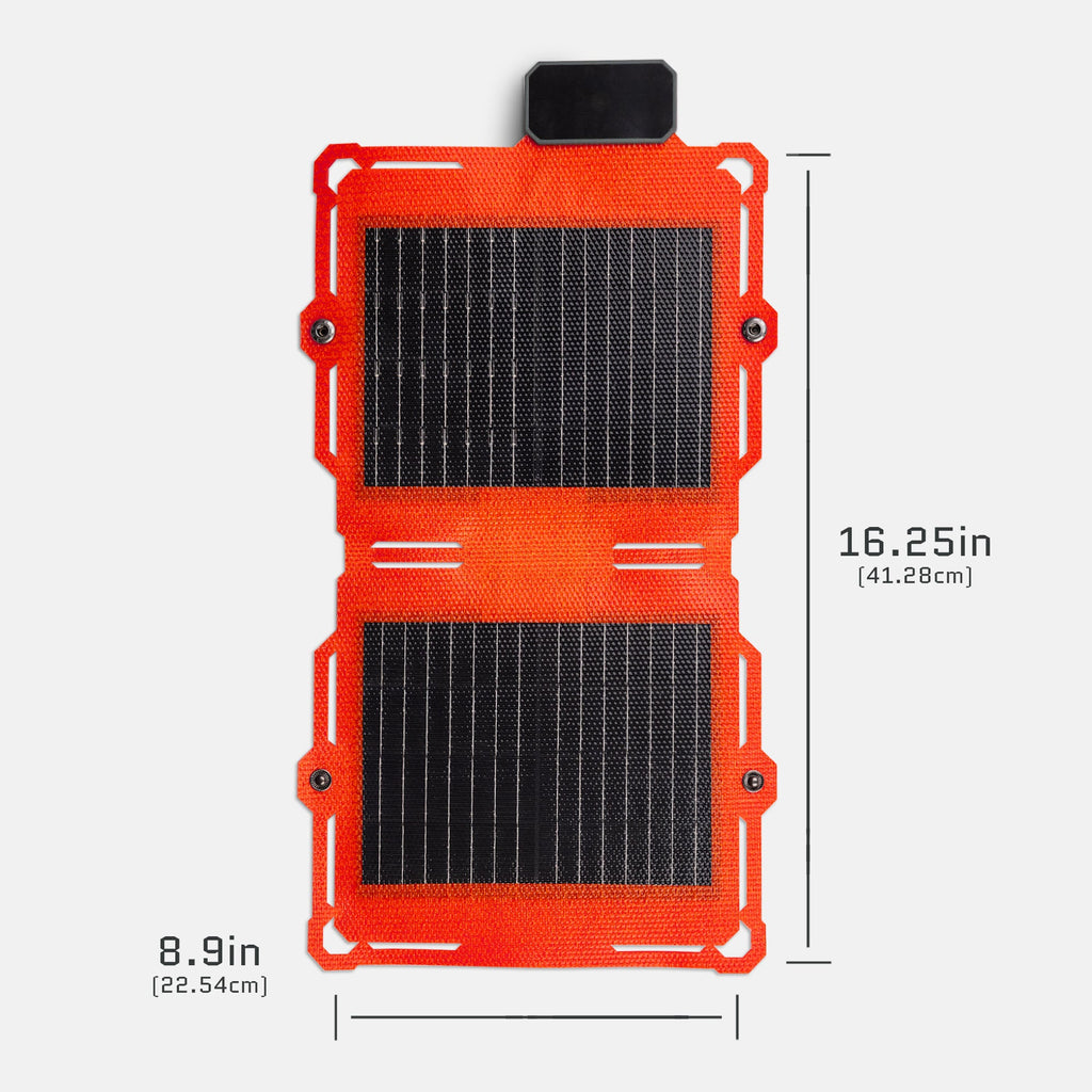 Orange 8W solar panel with two stacked dark photovoltaic cells in a rugged frame