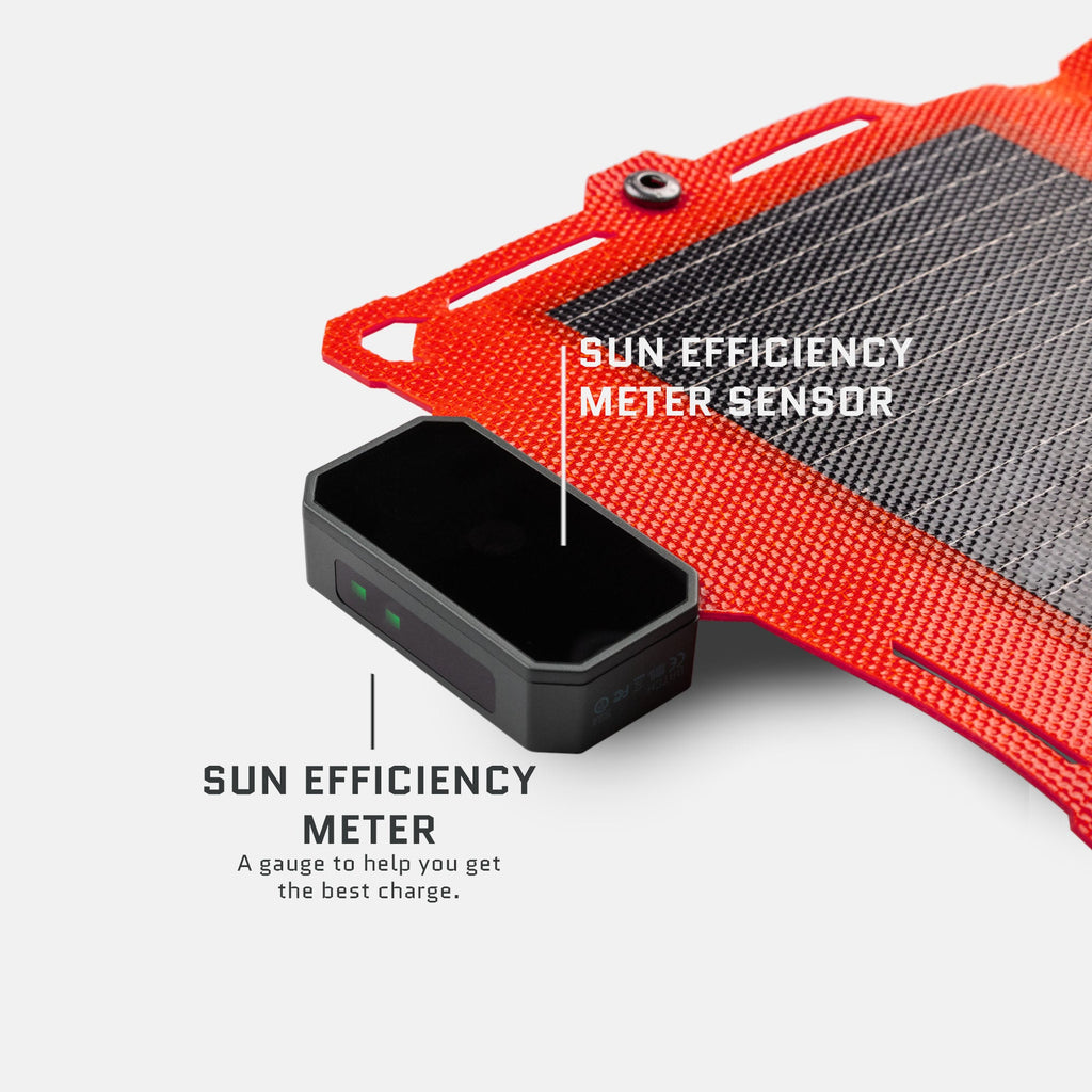 Orange 8W solar panel with built-in meter housing and open protective cover