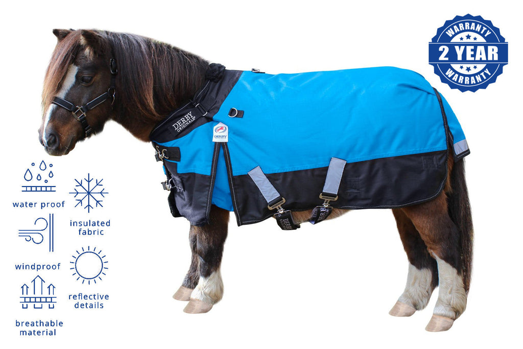Blue and black waterproof mini pony turnout blanket with 2-year warranty badge