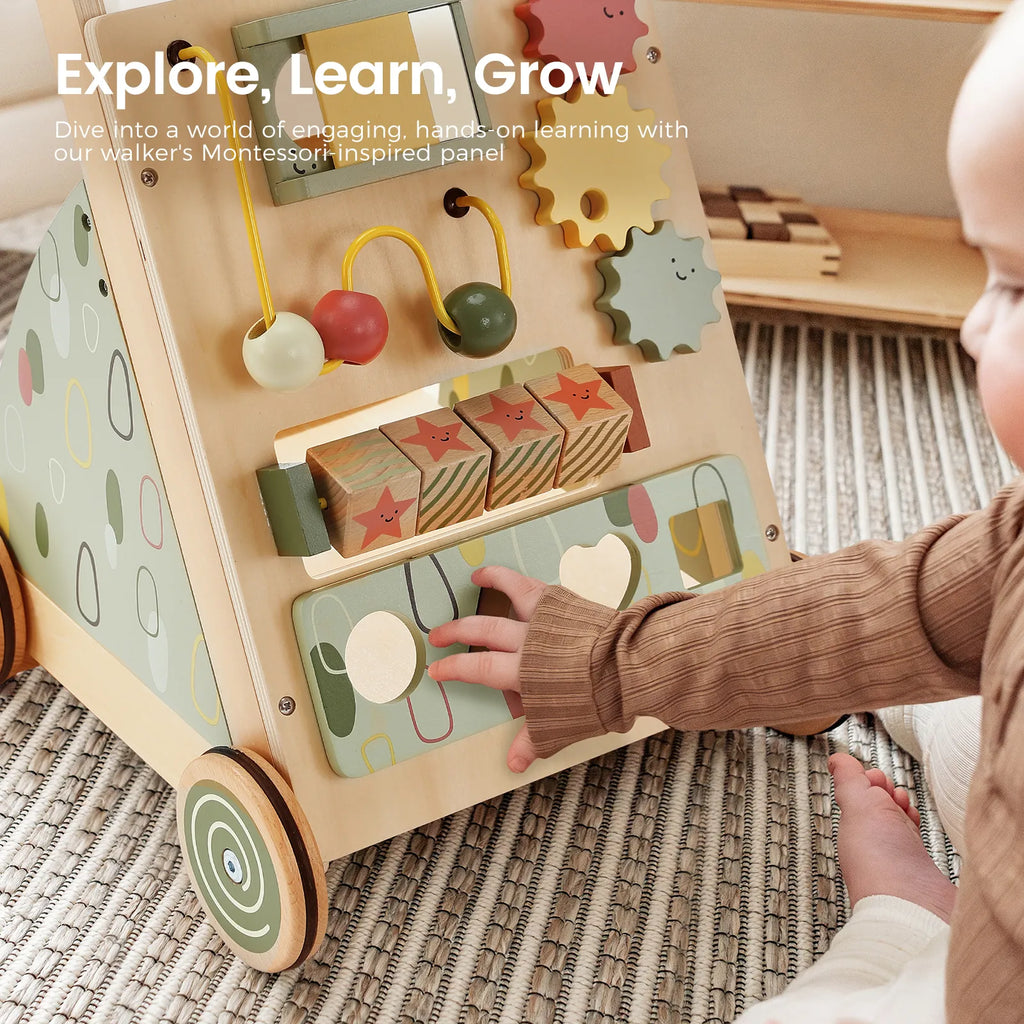 Wooden learning walker with bead maze, gear cutouts, and mirror panel on a wheeled frame