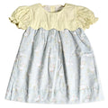 Girls pastel blue floral dress with cream puff sleeves and gathered neckline ruffle
