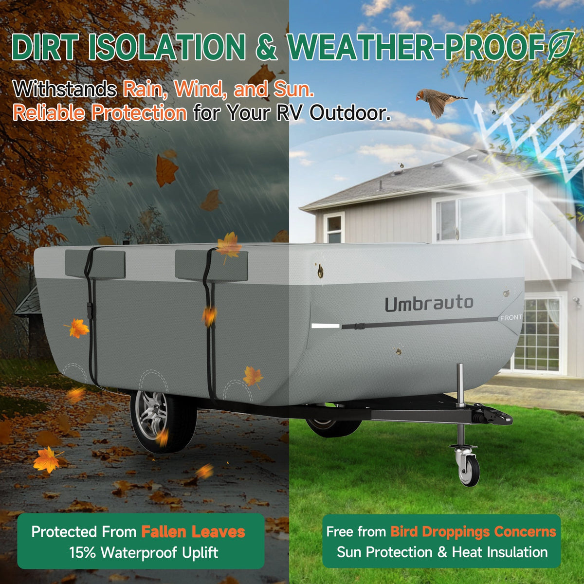Gray pop-up camper cover protecting an RV trailer with weather-ready fit