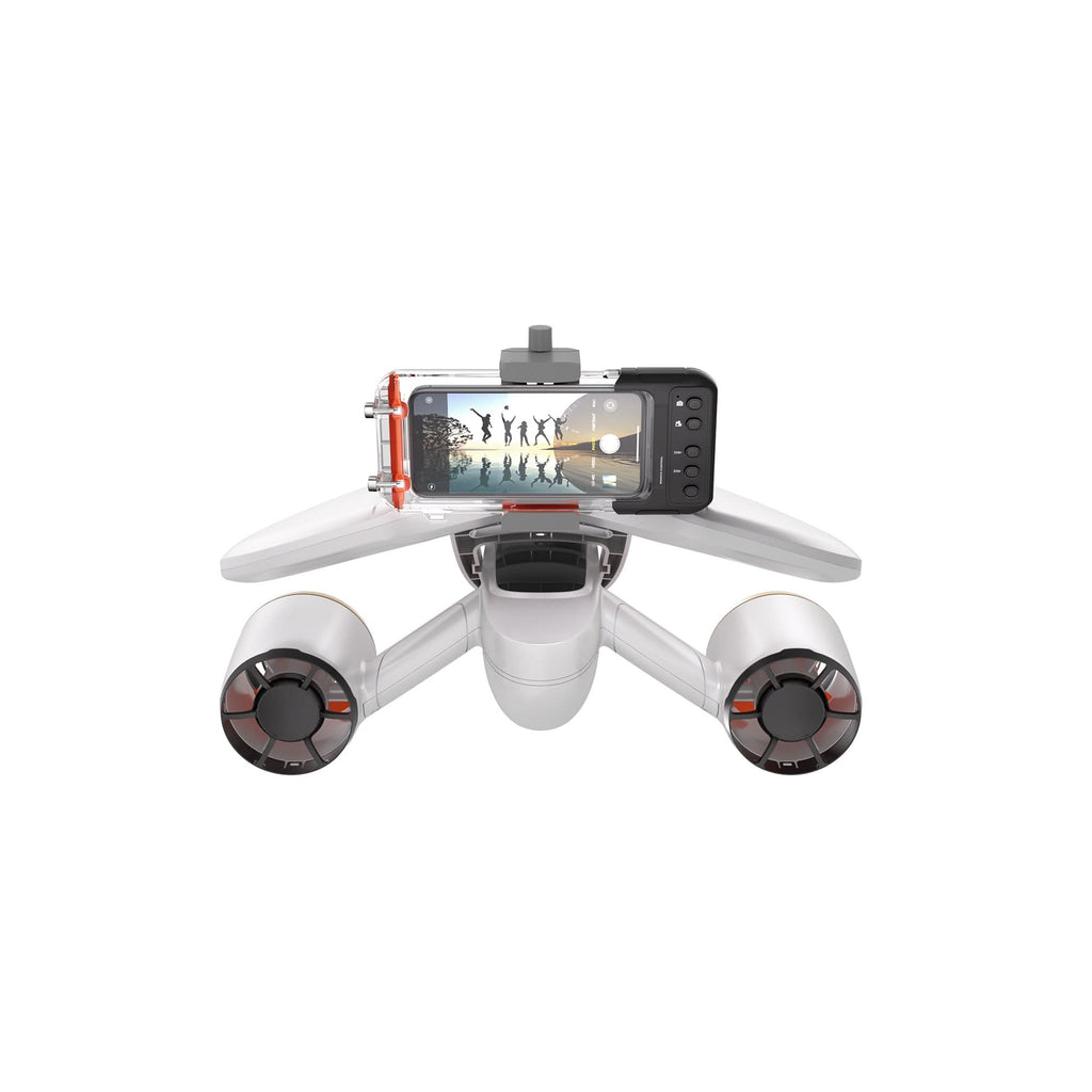 White quadcopter drone with smartphone mounted and four side lens pods