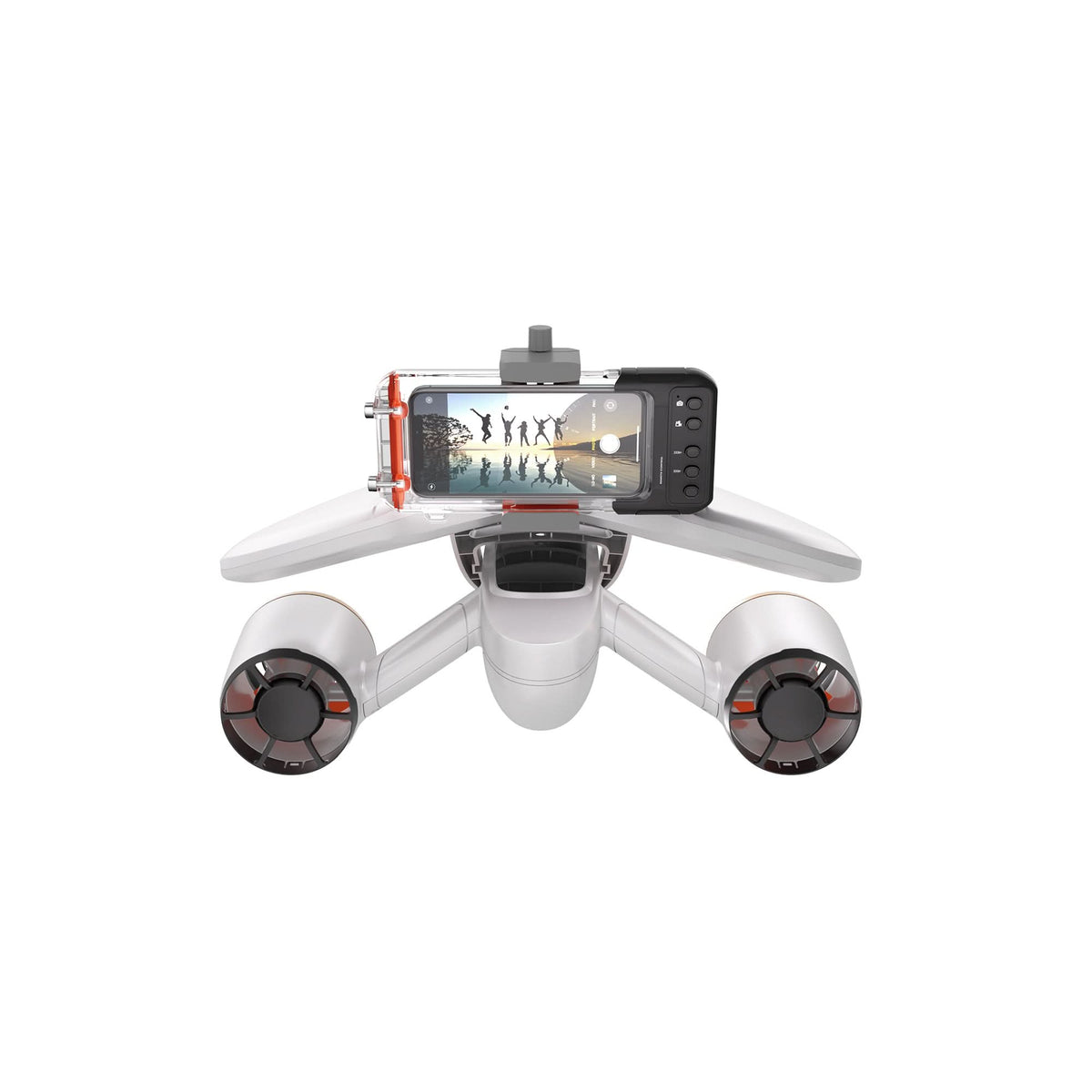 White quadcopter drone with smartphone mounted and four side lens pods