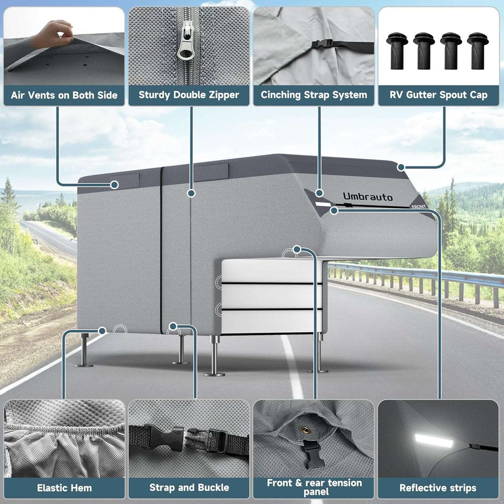 Gray RV cover with zipper opening, elastic hem, straps, and reflective trim