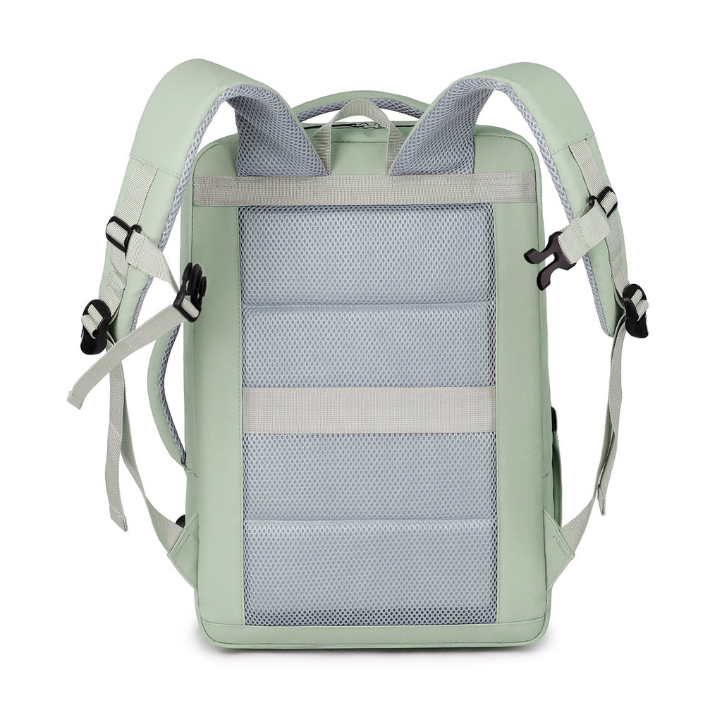 Mint green backpack with dual shoulder straps and large front organization panel.