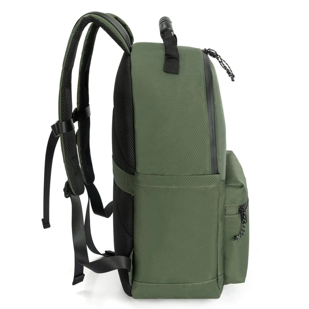 Green fabric backpack with side pocket and adjustable shoulder straps