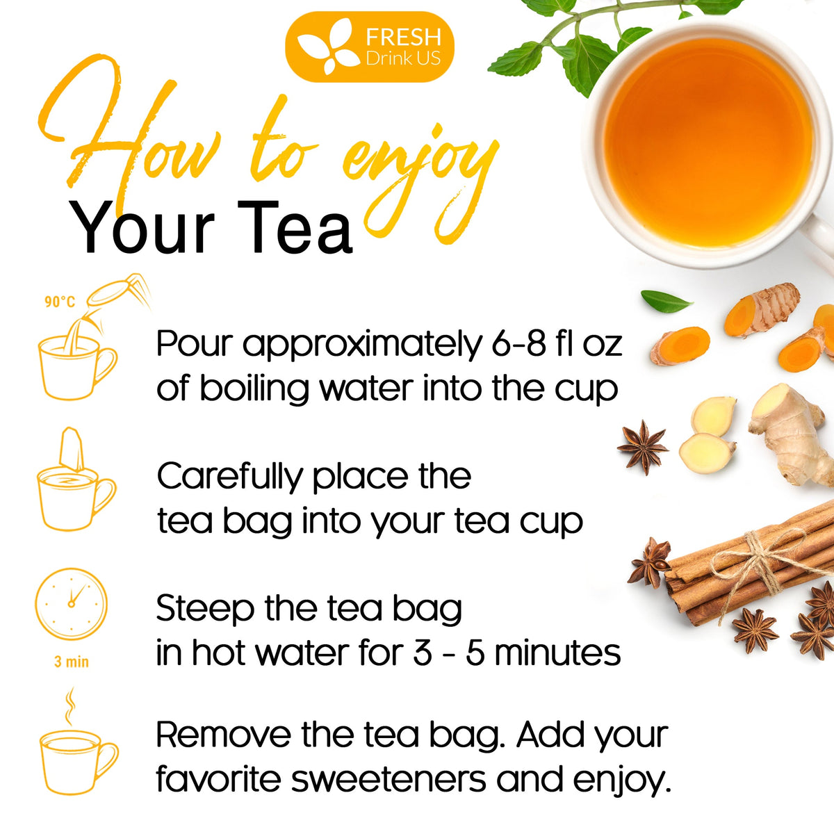 How-to brewing card with teacup, tea bag steps, and whole spices around