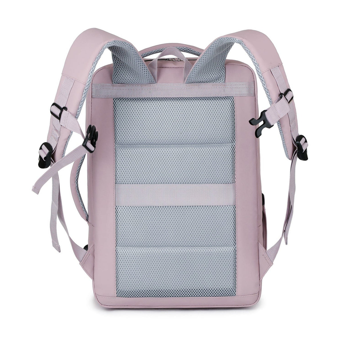 Purple travel backpack with front mesh storage panel and side adjustment straps