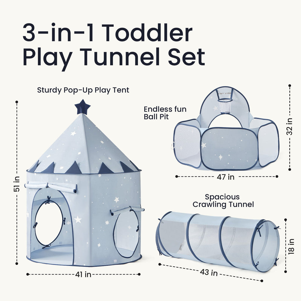 Blue 3-in-1 toddler play tunnel set with pop-up tent and long crawl tunnel