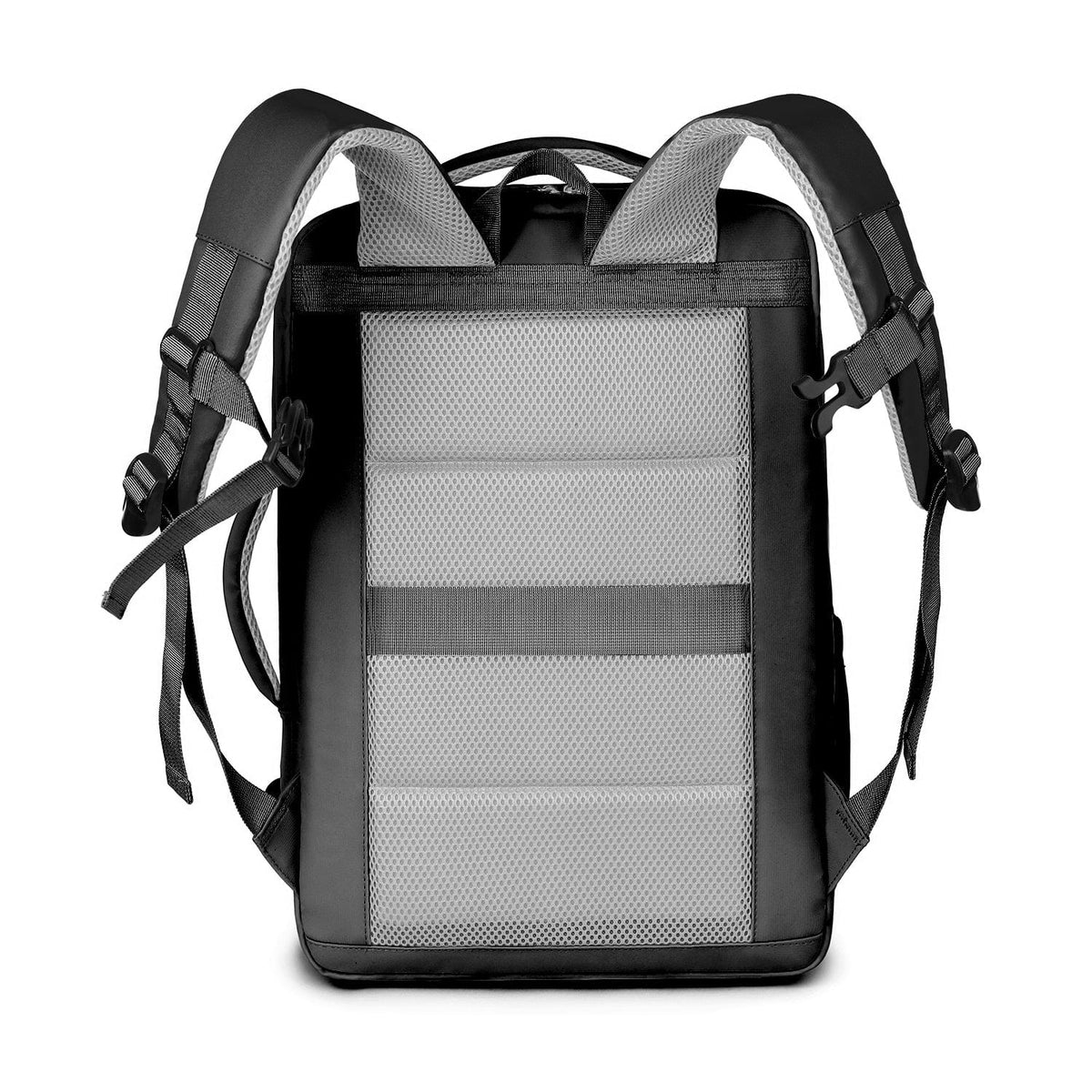 Black backpack with front mesh panel and adjustable shoulder straps, side straps visible.
