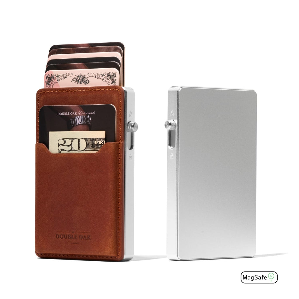 Brown leather cardholder wallet with MagSafe and visible card pocket.
