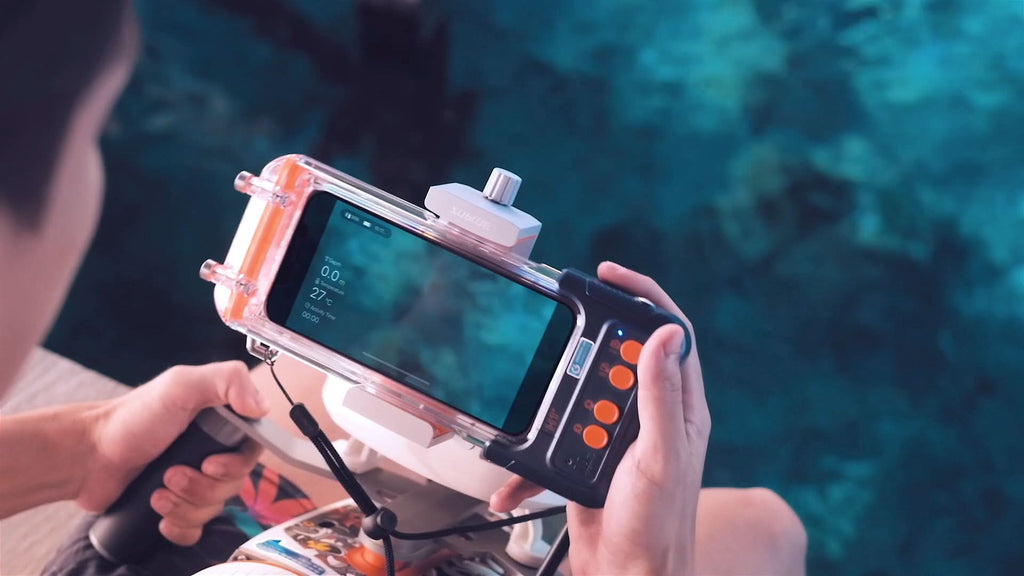 Clear orange waterproof phone case with screen window, hands-on grip, and lanyard