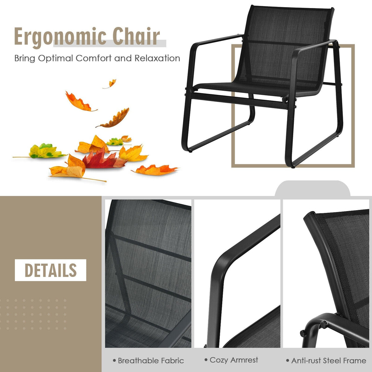 Black outdoor armchair with breathable mesh back; 3-piece bistro set shown