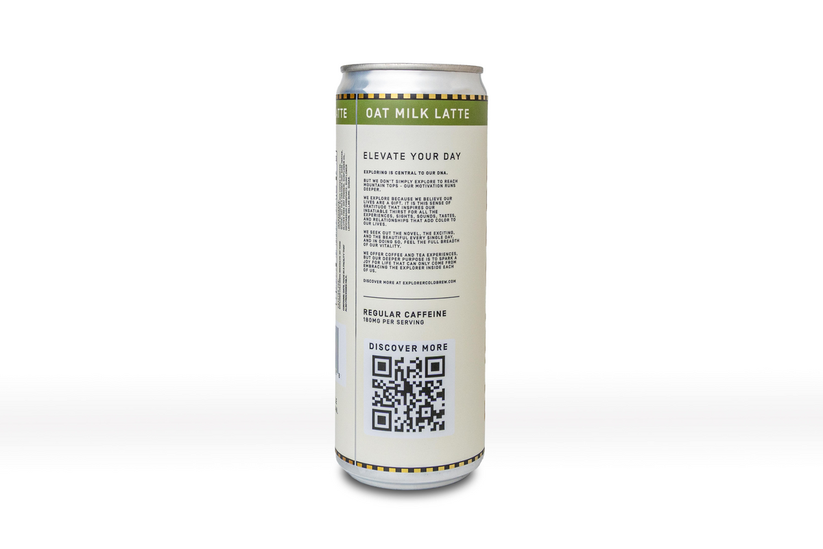 Cold Brew Oat Latte can back with 'Elevate Your Day' text and QR code