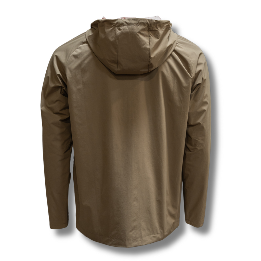 Men's olive Journey jacket back view with hood and long sleeves