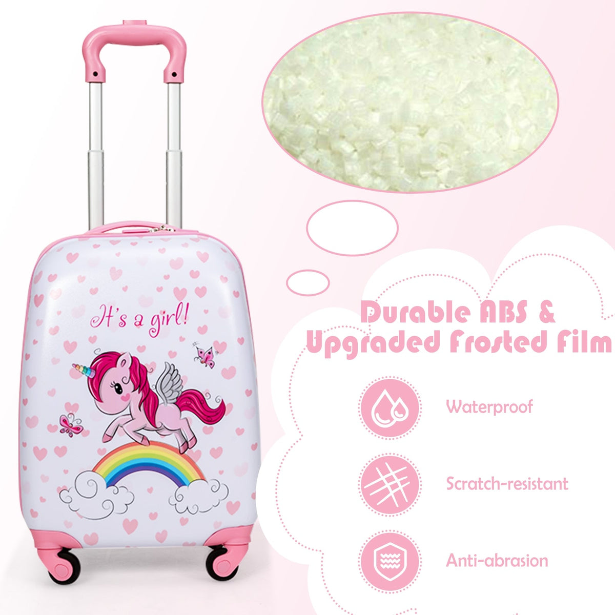 Pink kids wheeled suitcase with waterproof, scratch-resistant protective fabric and wheels