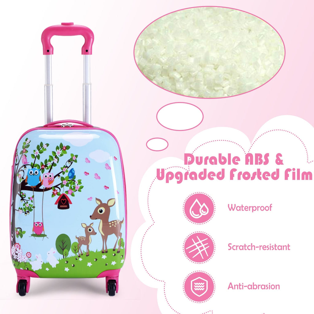 Kids hard-shell rolling suitcase and backpack with pink handle and animal jungle artwork