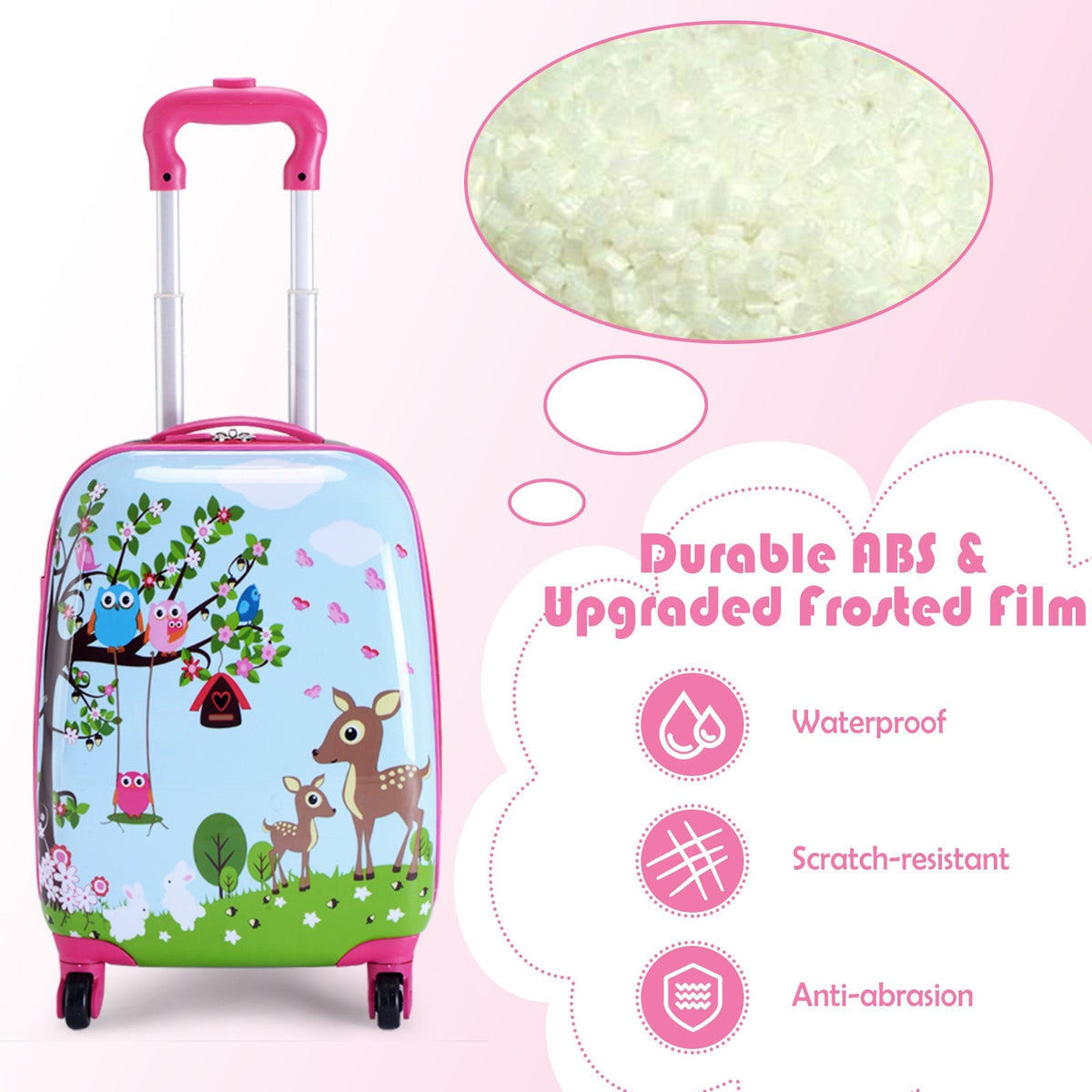 Kids hard-shell rolling suitcase and backpack with pink handle and animal jungle artwork