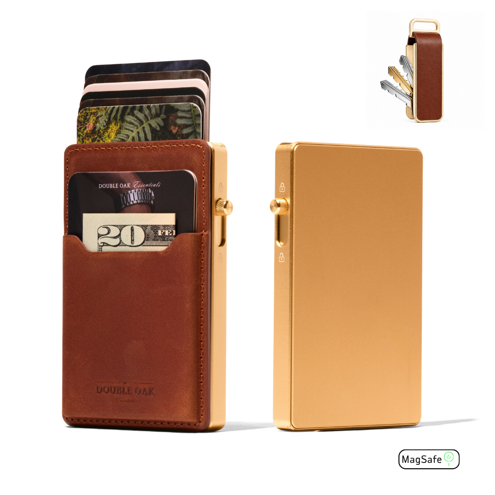 Brown leather front card wallet with cash and card slots; includes slim back plate.