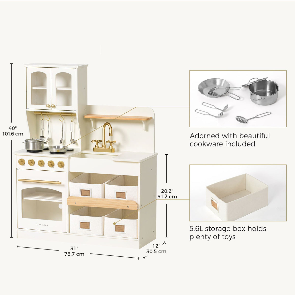 Wooden play kitchen with storage, cream finish shown with included cookware and measurements
