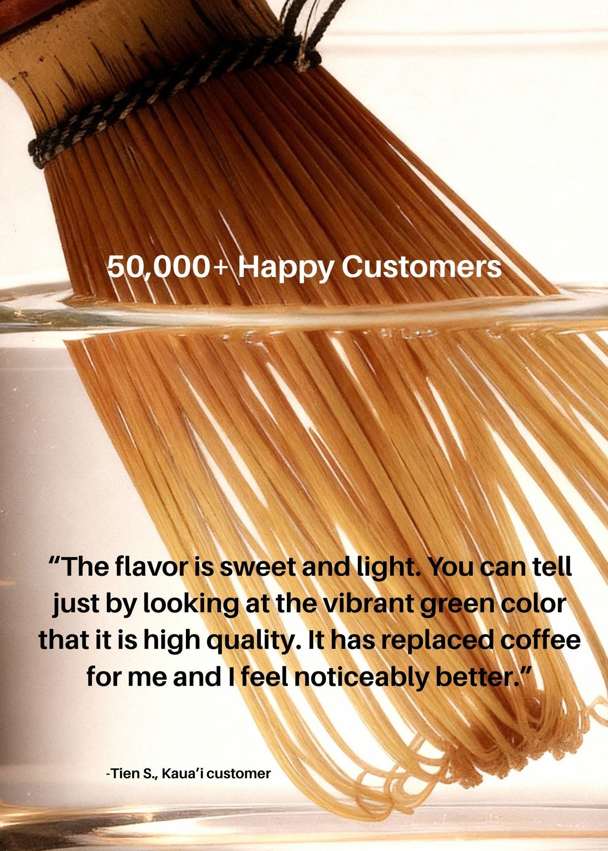 Bamboo matcha whisk in a bowl with whisked strands of green-tinted liquid