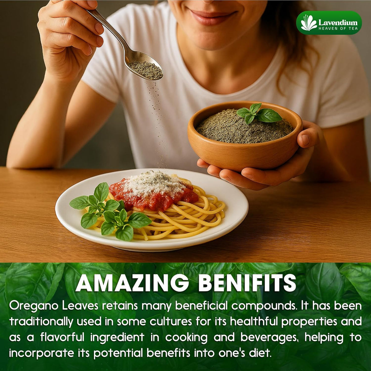 Dried oregano leaves in bowl with spoon near a plate of pasta