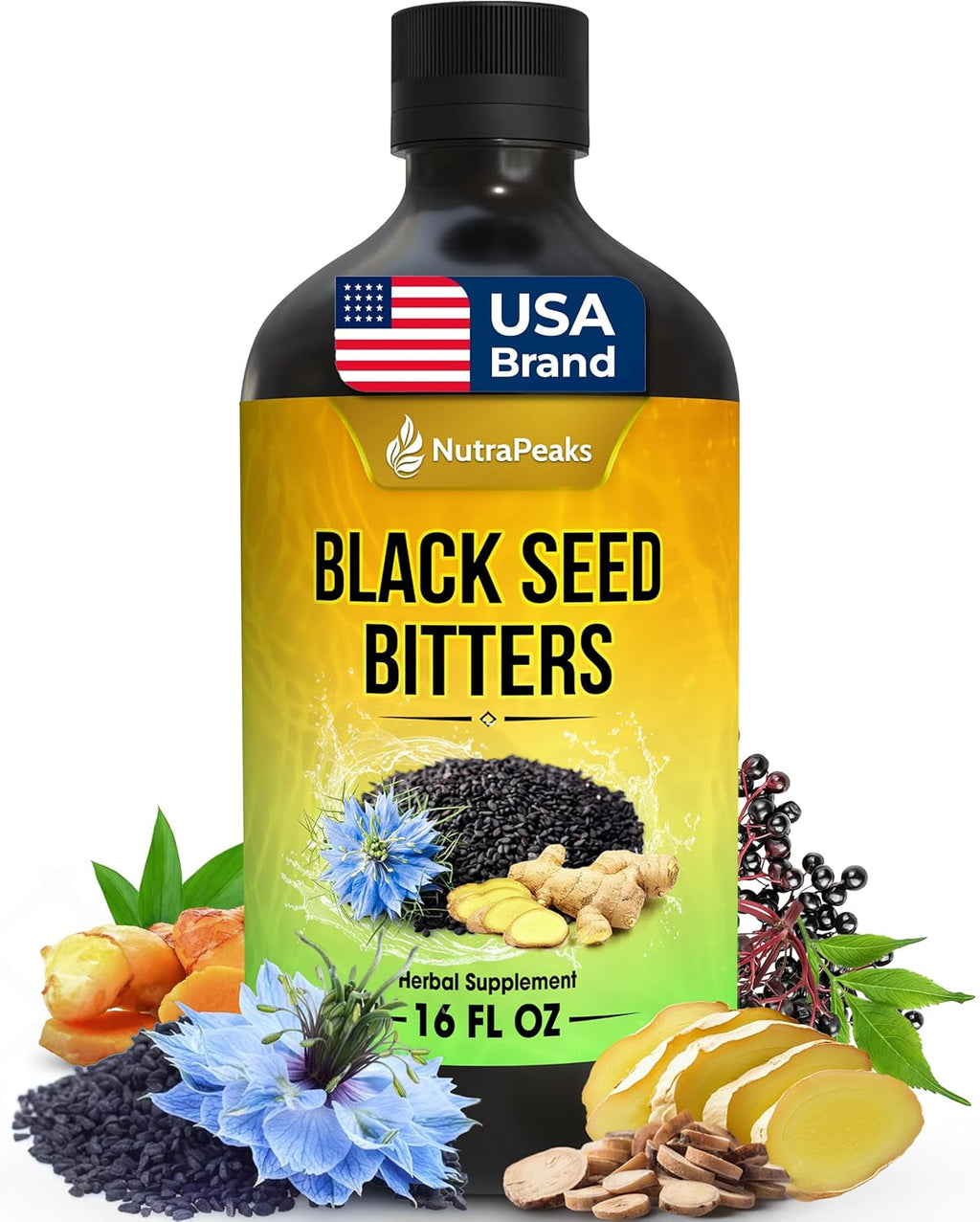 Black seed bitters supplement bottle, yellow label with blue flower accents.