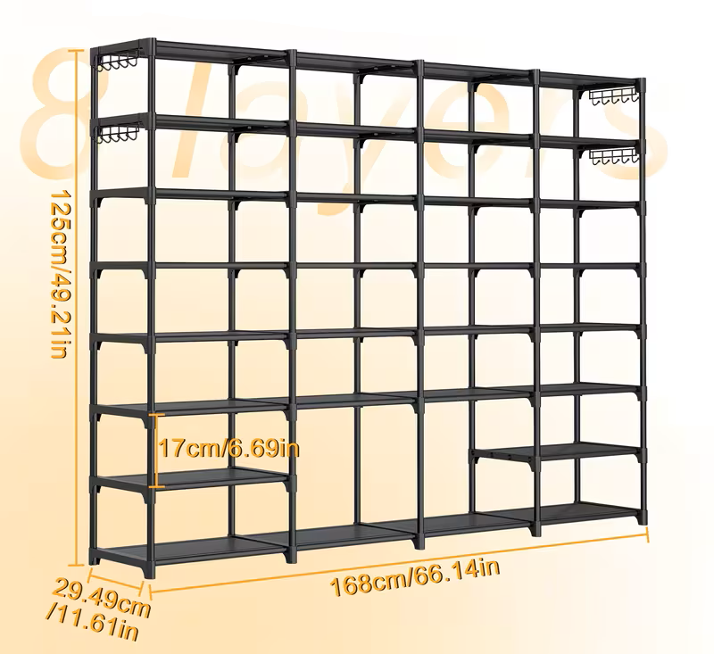 Black multi-tier shoe rack with open shelves and hook bar across the top