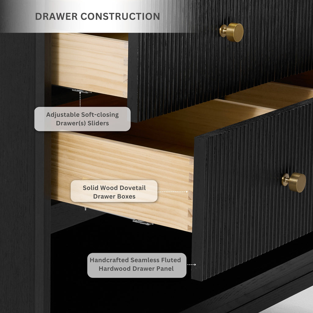 Interior view of bath vanity drawer with soft-close slides and dovetail wood drawer boxes