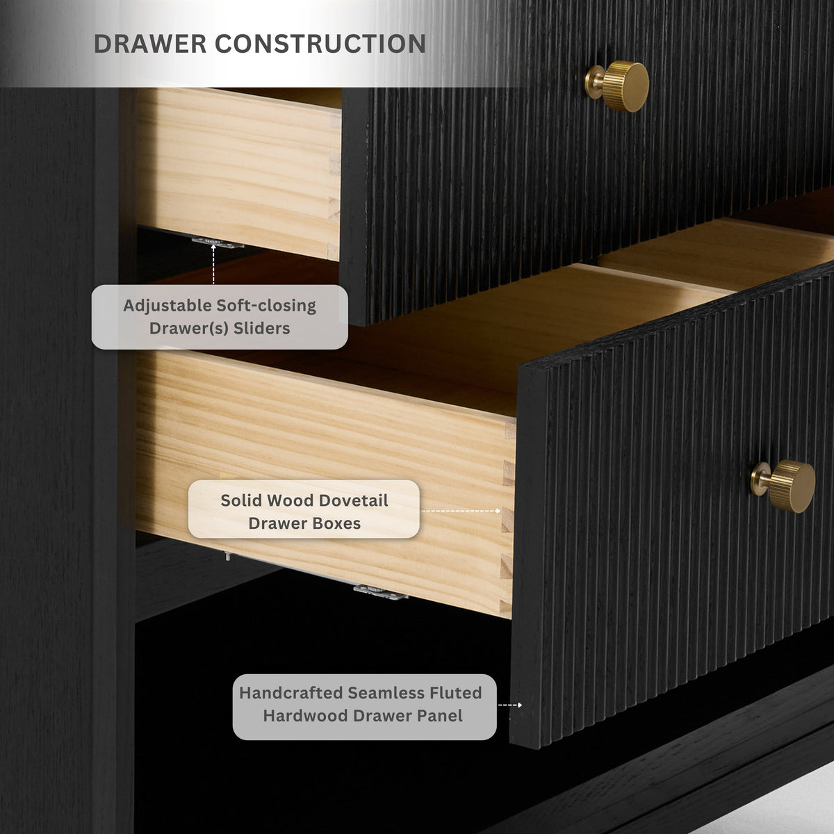 Interior view of bath vanity drawer with soft-close slides and dovetail wood drawer boxes