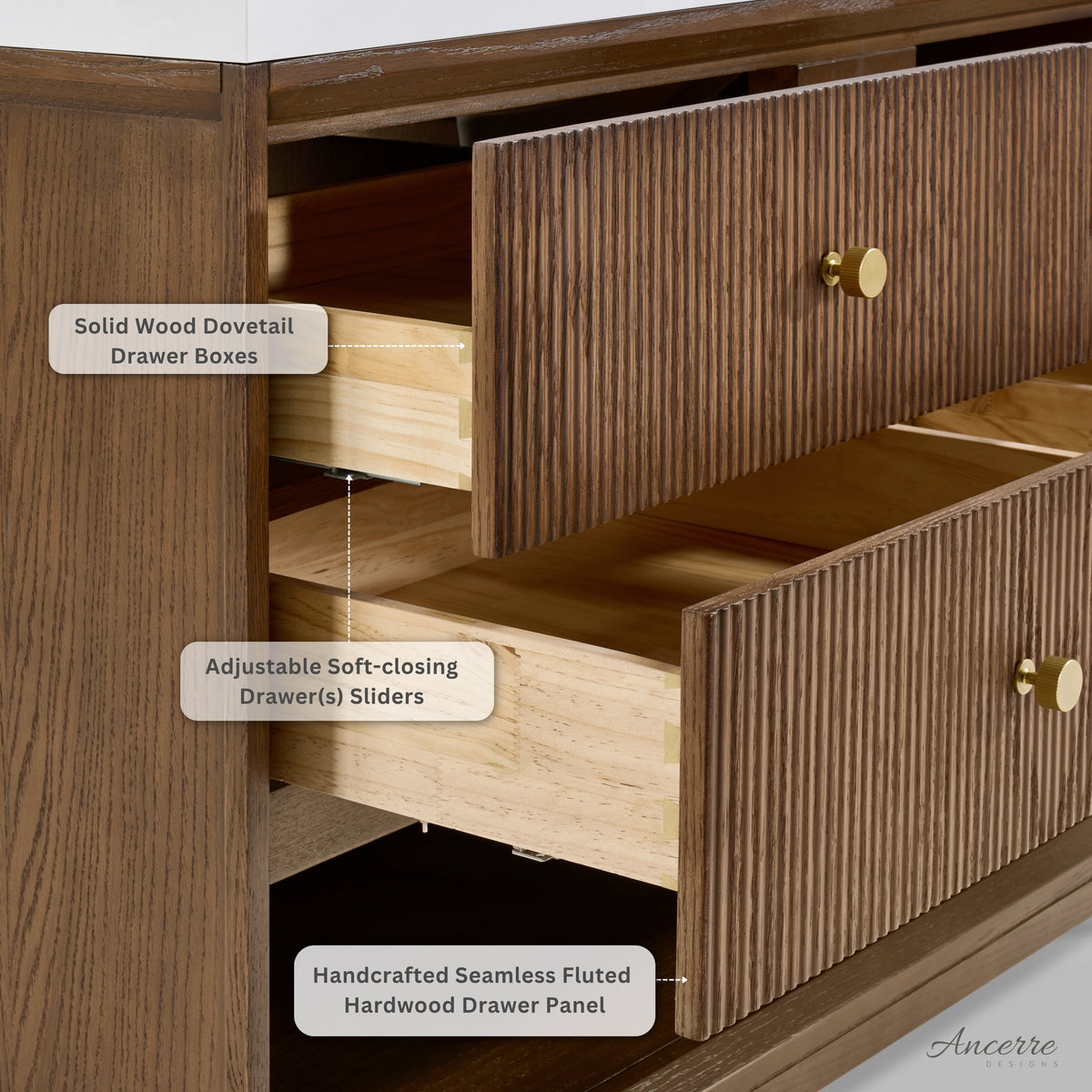 Chestnut vanity drawer with dovetail box, soft-close slides, and gold round knobs