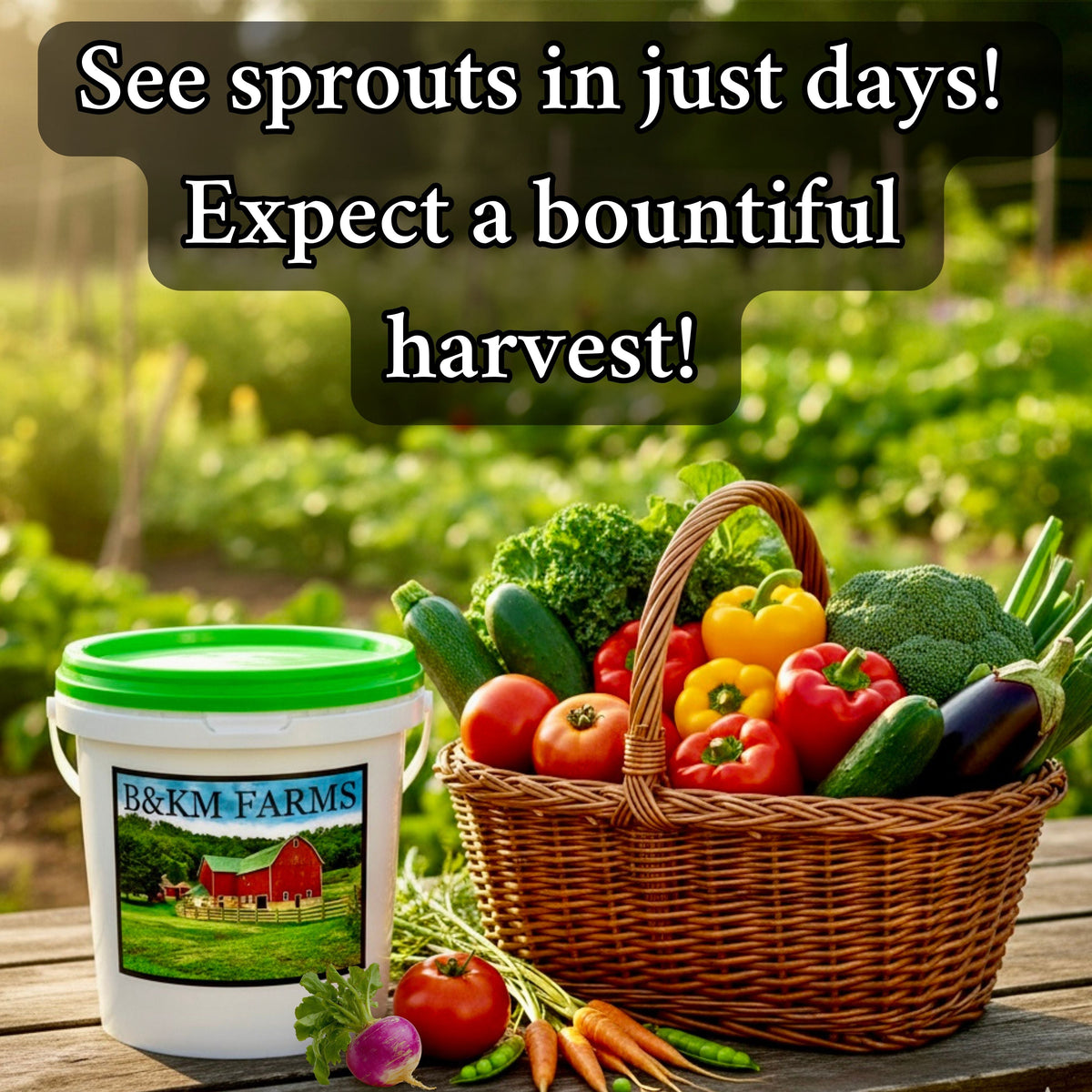 White seed storage bucket with green lid beside vegetable basket