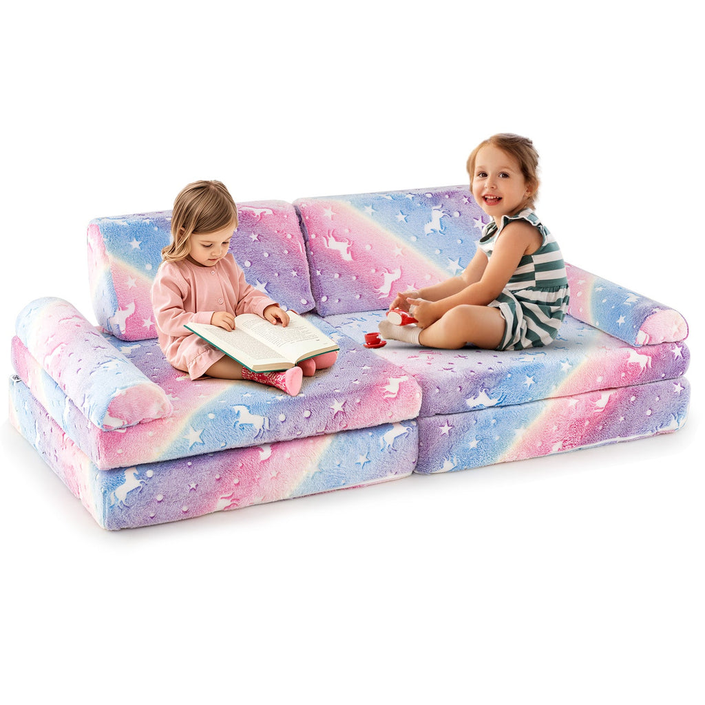 Kids play couch, pink and blue galaxy star sectional with rounded bolster cushions