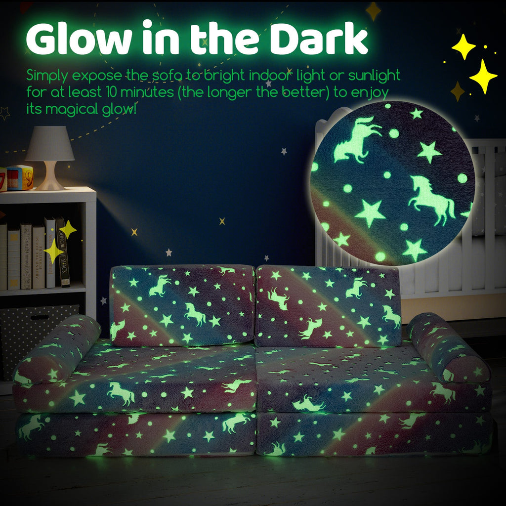 Glow in the dark kids play couch, dark green star and unicorn print cushions