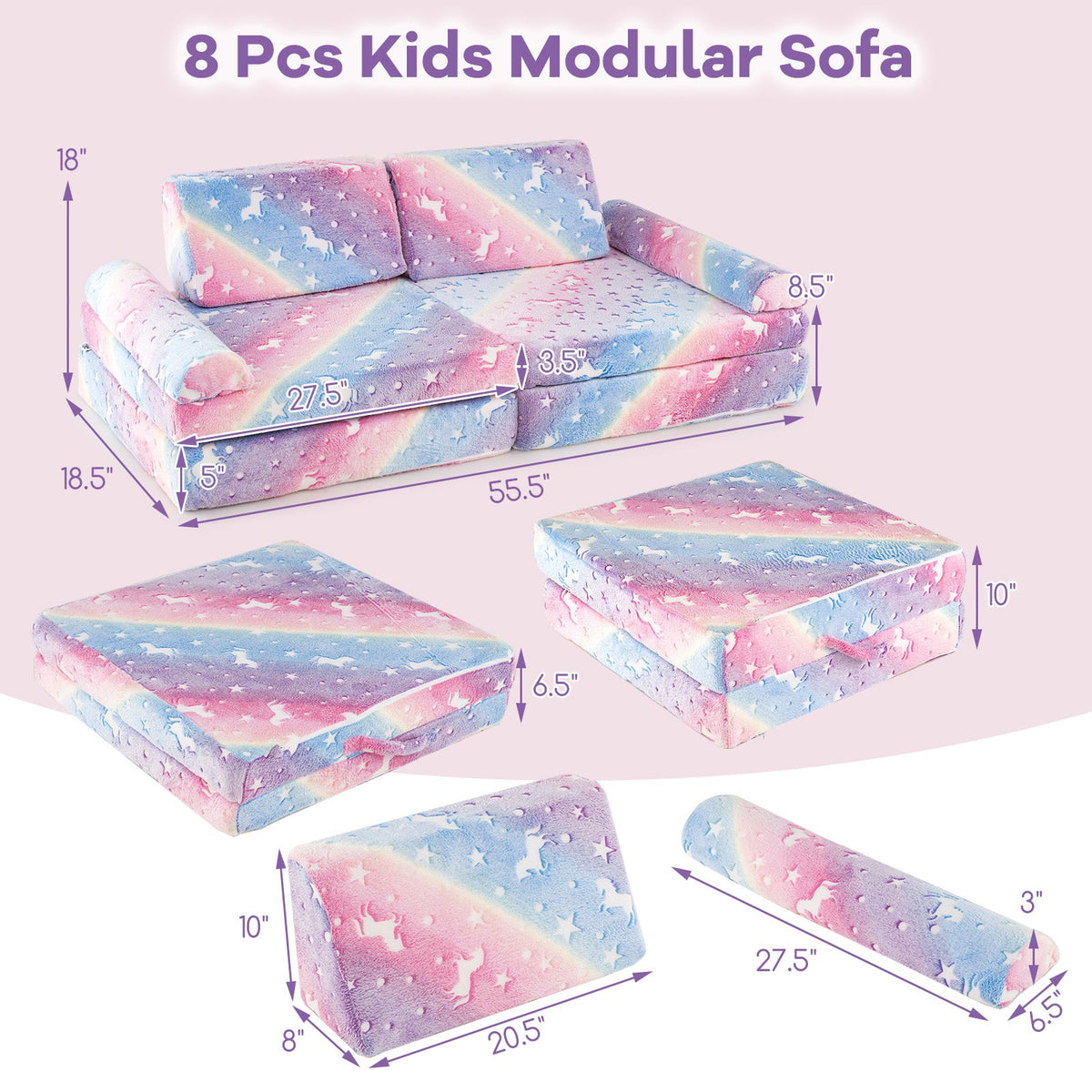 Kids modular play couch, star galaxy printed pieces with pink and blue cushion blocks