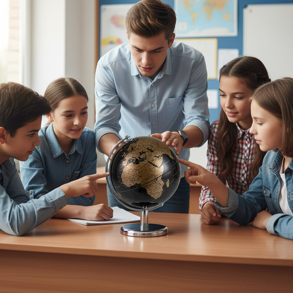 Tabletop decorative earth globe with gold continents on chrome stand, classroom setting.