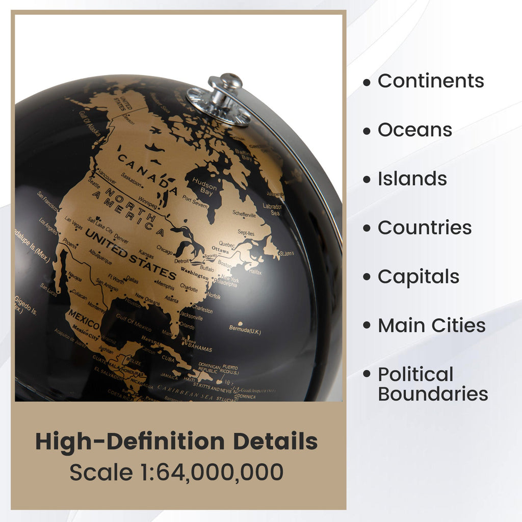 Black earth globe close-up with gold continent markings and small top mounting knob