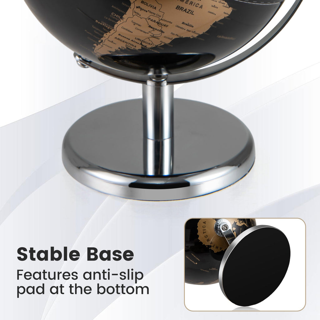 Silver tabletop globe base with anti-slip pad detail under the stand