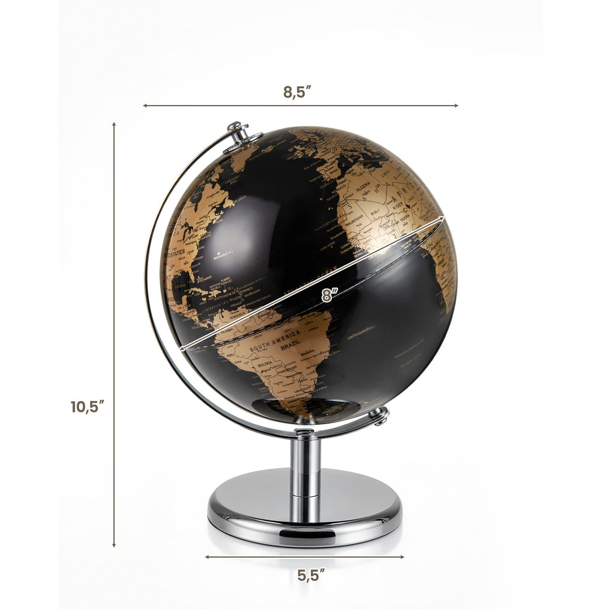 Tabletop decorative earth globe with gold continents on chrome pedestal, front view.