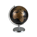 Tabletop decorative earth globe with gold continents and round chrome pedestal base.
