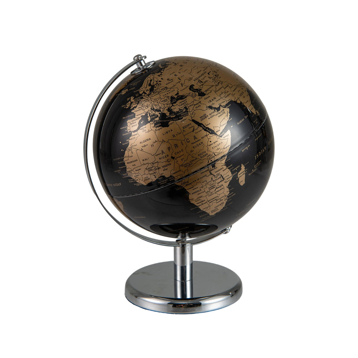 Tabletop decorative earth globe with gold continents and round chrome pedestal base.