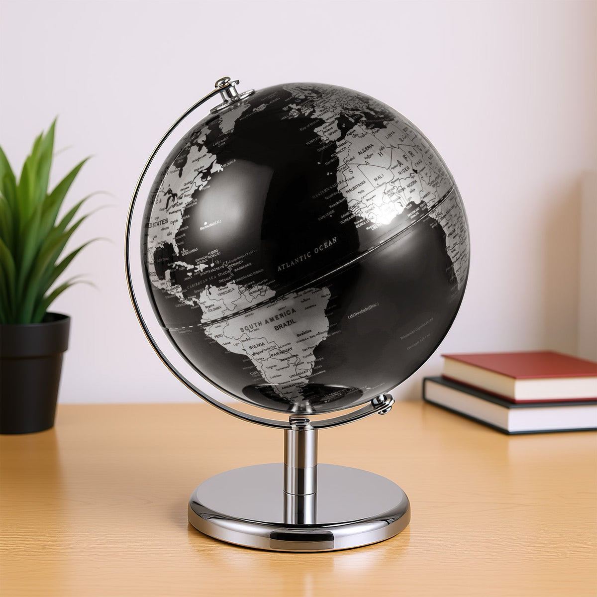 Silver-tone tabletop earth globe with dark oceans and light map country print