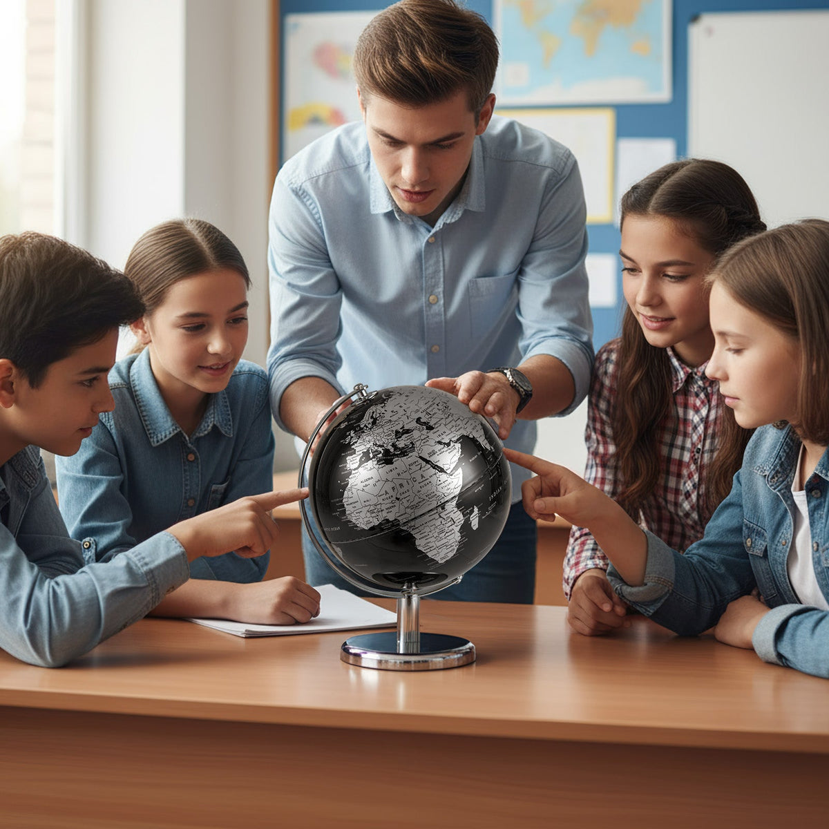Tabletop decorative earth globe with monochrome continents and chrome base.