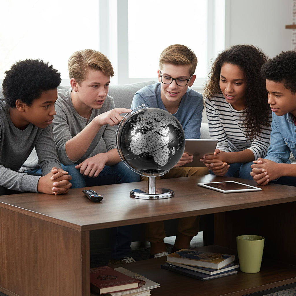 Tabletop decorative earth globe with white/gray continents and chrome base, group activity.