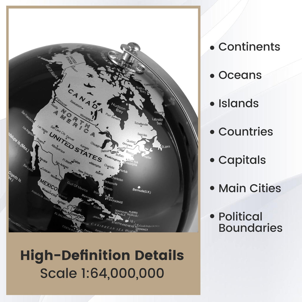 Black earth globe close-up with white continent markings and small top mounting knob