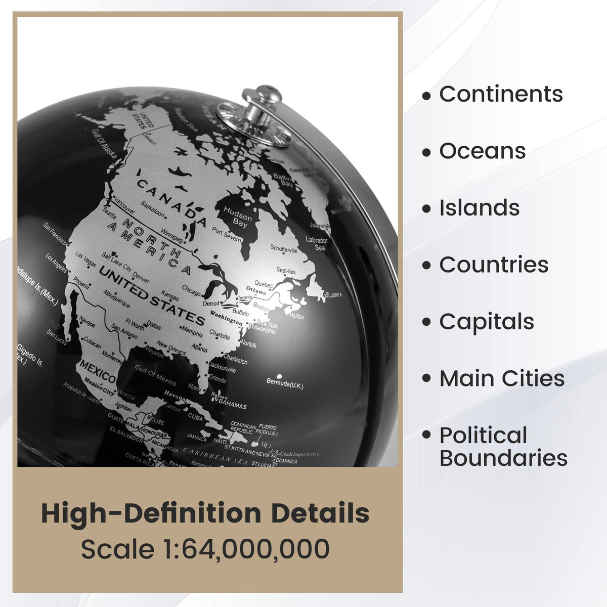 Black earth globe close-up with white continent markings and small top mounting knob