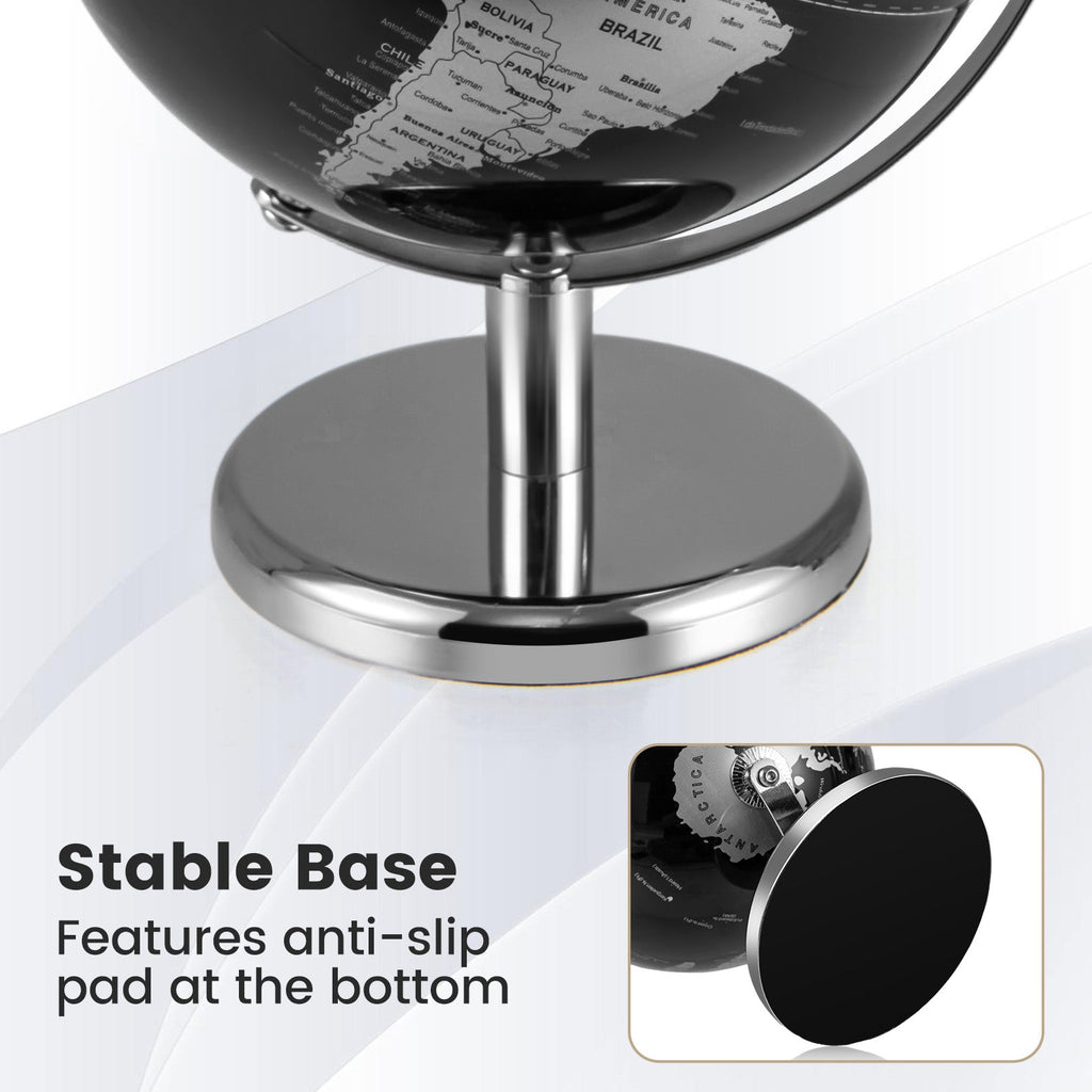 Silver globe stand base with anti-slip pad feature shown in inset