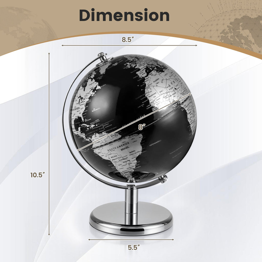 Tabletop decorative earth globe with white/gray continents on chrome pedestal, size shown.